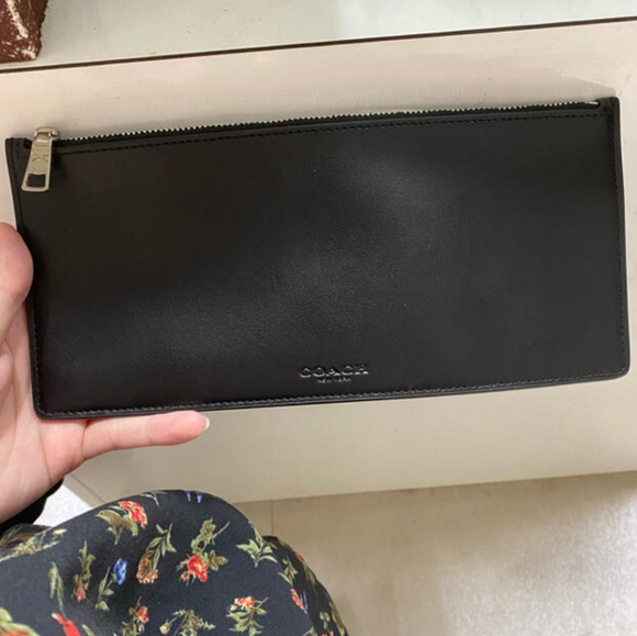 🩶 Coach Sleek Black Leather Skinny Wristlet Wallet Clutch Pouch Bag - Picture 2 of 11